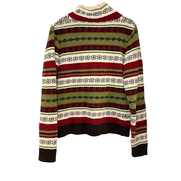 Sahalie Women's Wooby Green Red Striped Sweater Nordic Print Trim Fleece Cozy M - Picture 2 of 6
